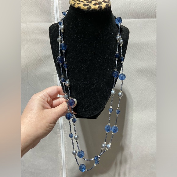 Gray and Blue Large and Seed Bead Long Necklace. Multiple Options for Layering - Picture 2 of 6